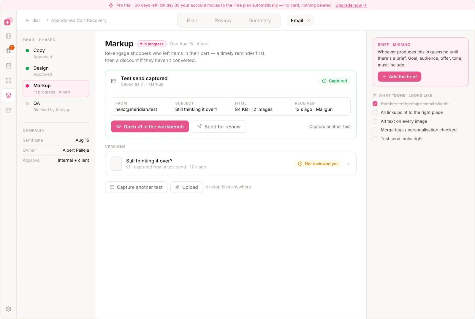 LaunchSign asset workflow: Copy approved, Design approved, Markup in progress, QA blocked