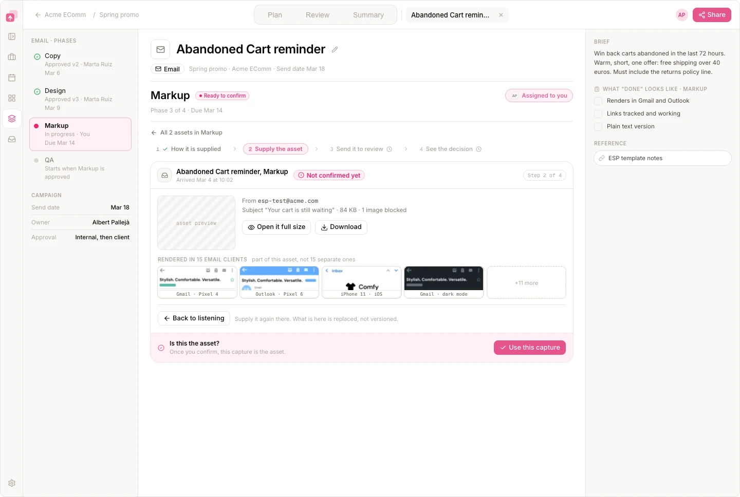 LaunchSign captures the test send from your email platform and renders it across email clients as part of the same asset