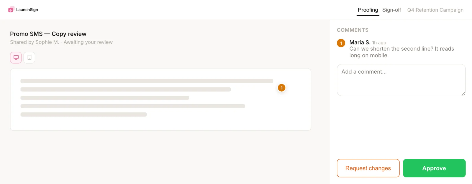 LaunchSign guest review link: proofing view with comments, request changes and approve