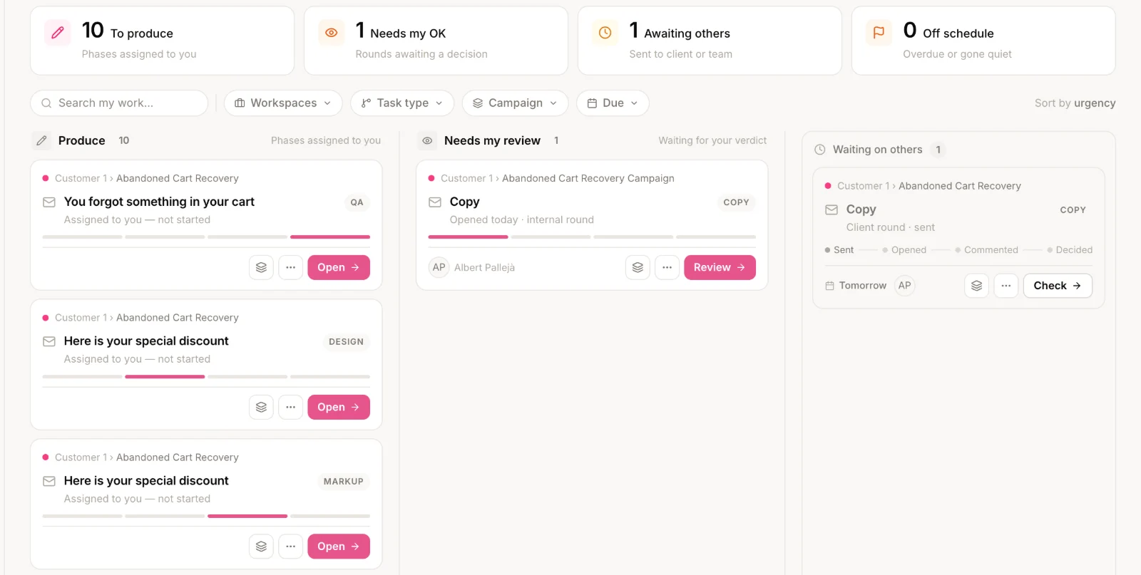 LaunchSign My work: personal queue grouped into produce, needs my review and waiting on others
