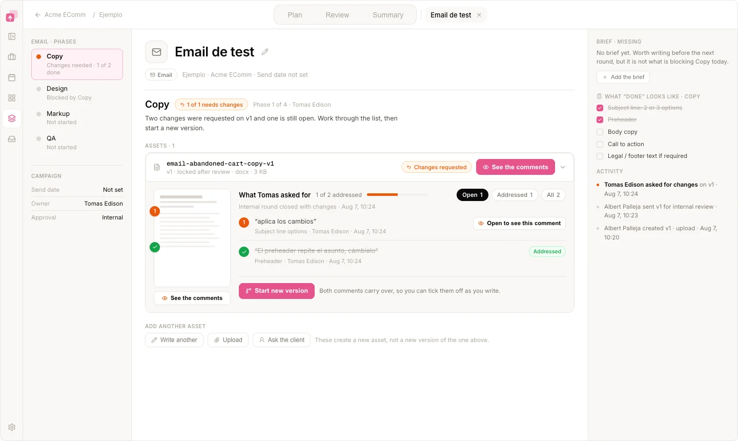 LaunchSign review: pinned comments on a specific version of a campaign asset